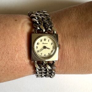 Vintage Lucerne Swiss Silver Tone Chunky Chain Bracelet Watch Mid Century